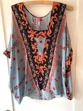 Tracy Reese Blue Drapey Blouse with Orange and Navy Paisley Print